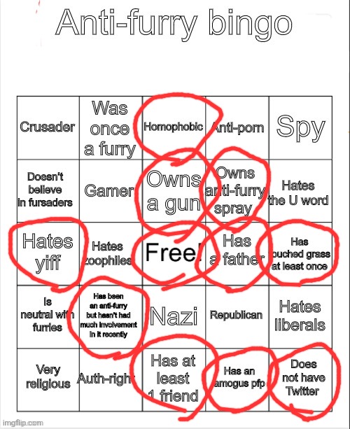 day 1 of doing random bingos | image tagged in anti-furry bingo,anti furry,furry memes,furry hunting license | made w/ Imgflip meme maker