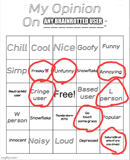 My Opinion On ________: Bingo by Andika V2 | any brainrotted user | image tagged in my opinion on ________ bingo by andika v2,anti brainrot | made w/ Imgflip meme maker
