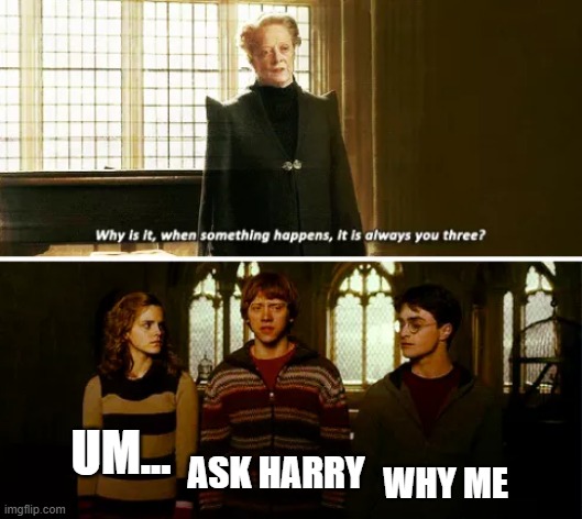 Always you three | um... why me; ask harry | image tagged in always you three | made w/ Imgflip meme maker