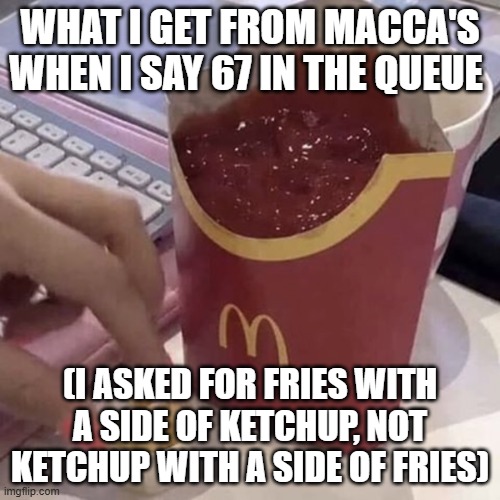 Ketchup with a side of fries | what i get from macca's when i say 67 in the queue; (i asked for fries with a side of ketchup, not ketchup with a side of fries) | image tagged in ketchup with a side of fries | made w/ Imgflip meme maker