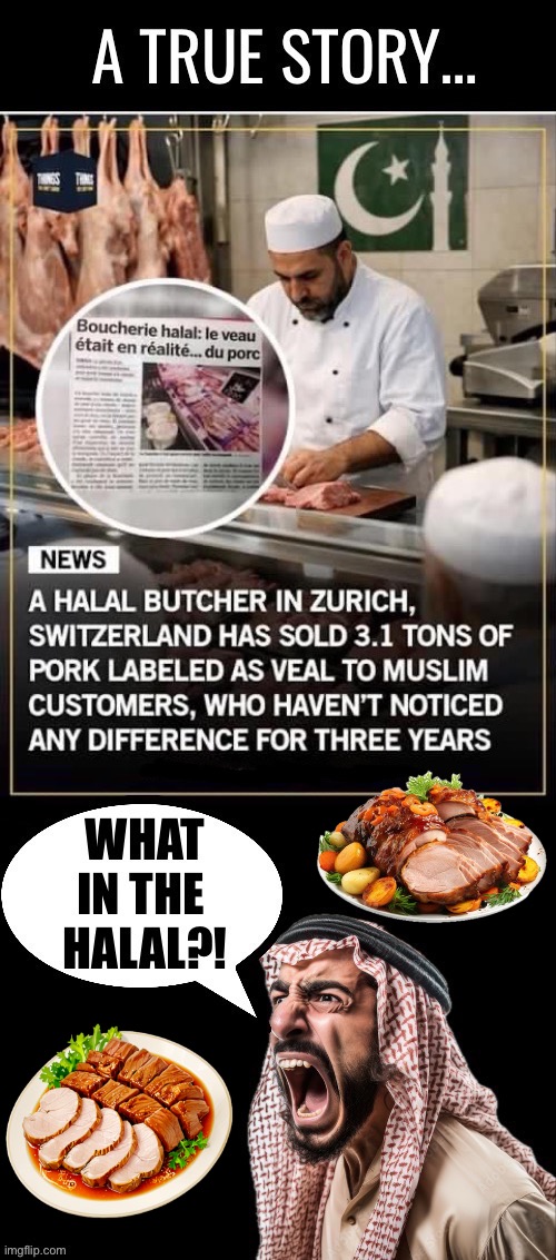 Very interesting… | image tagged in political meme,muslims,halal,pork,veal,deception | made w/ Imgflip meme maker
