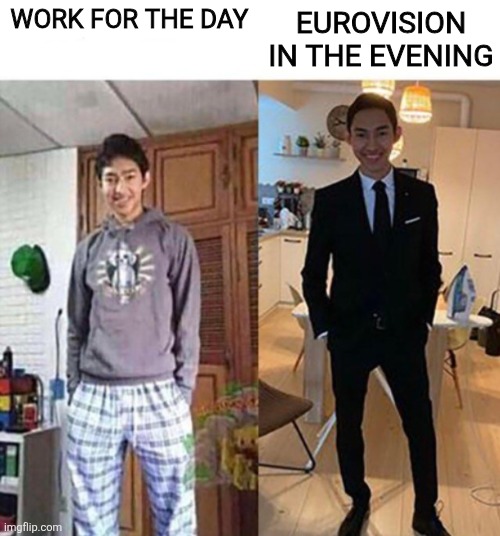 Dressing for work vs dressing for Eurovision | Work for the day; Eurovision in the evening | image tagged in my aunts wedding | made w/ Imgflip meme maker