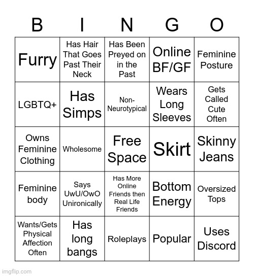 Femboy Bingo | image tagged in femboy bingo | made w/ Imgflip meme maker