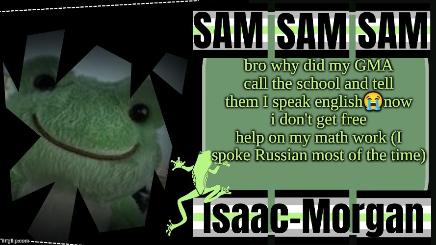 sam's fav frog temp | bro why did my GMA call the school and tell them I speak english😭now i don't get free help on my math work (I spoke Russian most of the time) | image tagged in sam's fav frog temp | made w/ Imgflip meme maker