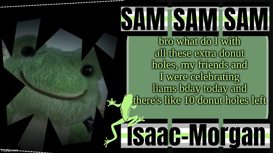 sam's fav frog temp | bro what do I with all these extra donut holes, my friends and I were celebrating liams bday today and there's like 10 donut holes left | image tagged in sam's fav frog temp | made w/ Imgflip meme maker