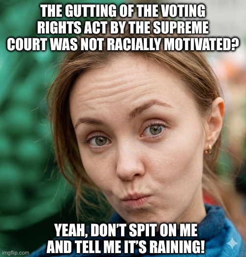 Voting Rights Act Gutted - Racial Motivation | The gutting of the voting rights act by the supreme court was not racially motivated? Yeah, don’t spit on me and tell me it’s raining! | image tagged in voting rights act,us supreme court,i hate maga,maga sucks | made w/ Imgflip meme maker