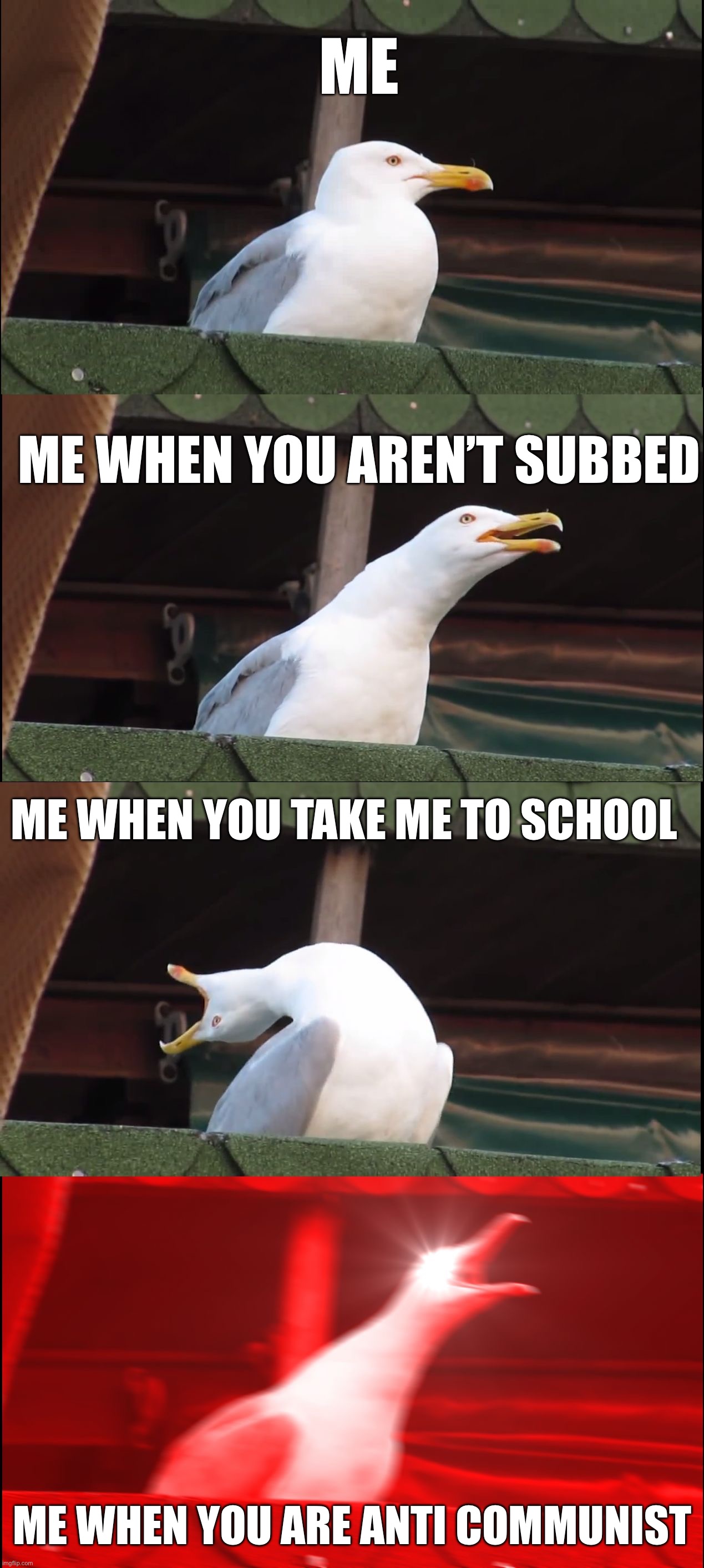 … | Me; Me when you aren’t subbed; Me when you take me to school; Me when you are anti communist | image tagged in memes,inhaling seagull | made w/ Imgflip meme maker