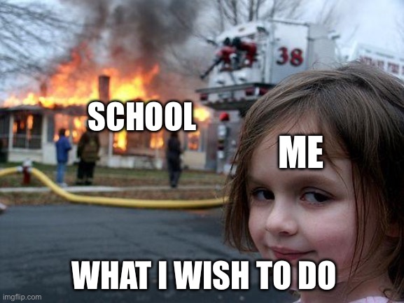 R.I.P. School | School; Me; What I wish to do | image tagged in memes,disaster girl | made w/ Imgflip meme maker