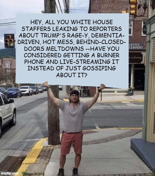 D.C. is a one-party consent jurisdiction. Just sayin'... | Hey, all you White House
staffers leaking to reporters
about Trump's rage-y, dementia-
driven, hot mess, behind-closed-
doors meltdowns --have you
considered getting a burner
phone and live-streaming it
instead of just gossiping
about it? | image tagged in man holding sign,dementia,trump unfit unqualified dangerous,one-party consent jurisdiction,just sayin' | made w/ Imgflip meme maker