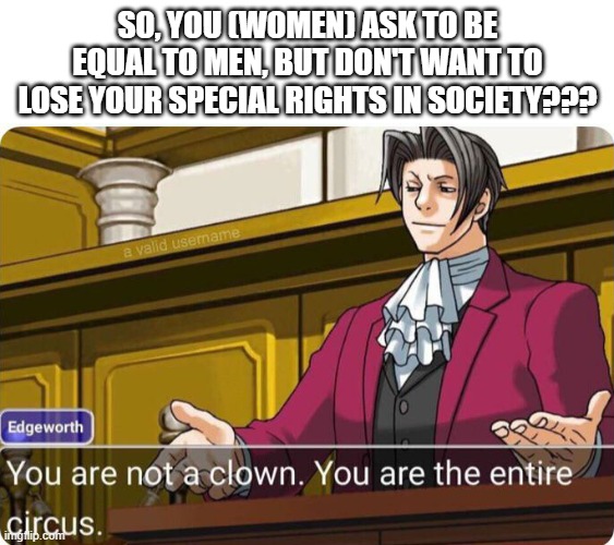 Do you agree, boys??? | So, you (women) ask to be equal to men, but don't want to lose your special rights in society??? | image tagged in you are not a clown you are the entire circus | made w/ Imgflip meme maker