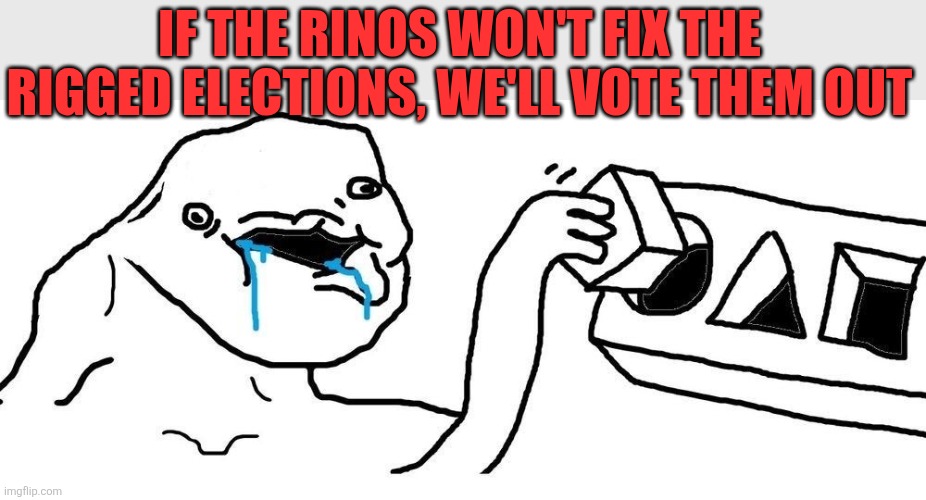 Wojak Square peg circular hole | If the rinos won't fix the rigged elections, we'll vote them out | image tagged in wojak square peg circular hole | made w/ Imgflip meme maker