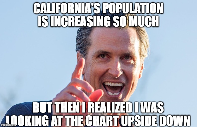 Insane Idiot Gavin Newsom | California's population is increasing so much but then I realized I was looking at the chart upside down | image tagged in insane idiot gavin newsom | made w/ Imgflip meme maker