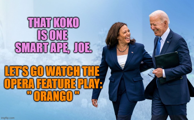 That koko is one 
smart ape,  Joe. Let's go watch the 
opera feature play:

" Orango " | image tagged in biden and harris | made w/ Imgflip meme maker