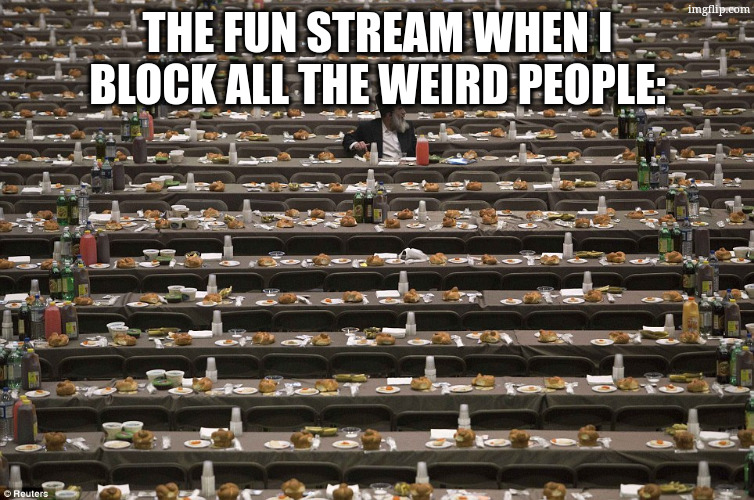 Where Did Everyone Go? | the fun stream when i block all the weird people: | image tagged in where did everyone go | made w/ Imgflip meme maker