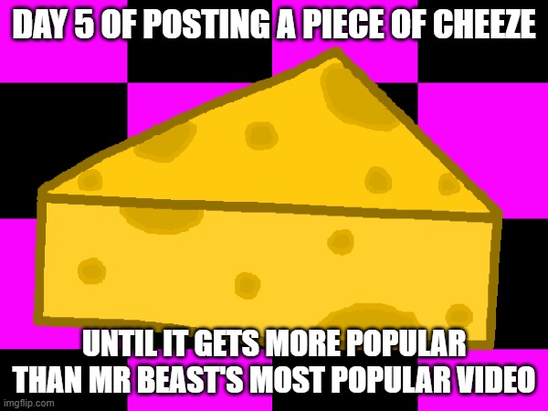 day 5 of posting a piece of cheeze; until it gets more popular than mr beast's most popular video | image tagged in cheeze,cool,funny | made w/ Imgflip meme maker