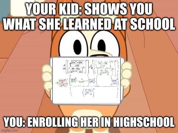 Math | Your kid: shows you what she learned at school; You: Enrolling her in highschool | image tagged in bluey bingo sign | made w/ Imgflip meme maker