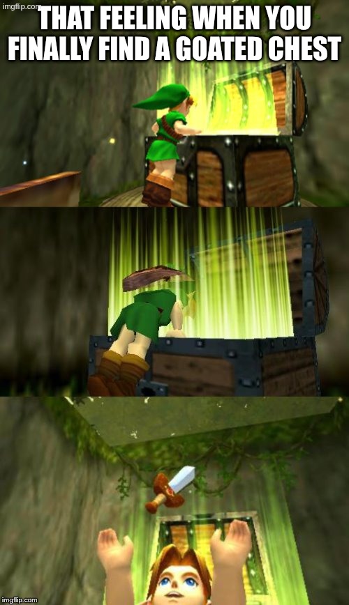 goated chests | that feeling when you finally find a goated chest | image tagged in link gets item,remix,meem,memes,online gaming,chest | made w/ Imgflip meme maker