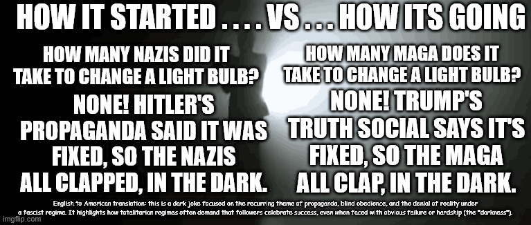 Are we winning the Iran war today? | How it started . . . . vs . . . how its going; how many MAGA does it take to change a light bulb? how many nazis did it take to change a light bulb? none! Hitler's propaganda said it was fixed, so the Nazis all clapped, in the dark. none! Trump's truth social says it's fixed, so the MAGA all clap, in the dark. English to American translation: this is a dark joke focused on the recurring theme of propaganda, blind obedience, and the denial of reality under a fascist regime. It highlights how totalitarian regimes often demand that followers celebrate success, even when faced with obvious failure or hardship (the "darkness"). | image tagged in propaganda,jokes,satire | made w/ Imgflip meme maker