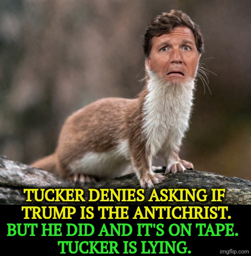 Tucker Carlson weasel denies saying awful things | Tucker denies asking if 
Trump is the Antichrist. But he did and it's on tape. 
Tucker is lying. | image tagged in tucker carlson weasel denies saying awful things,tucker carlson,weasel,liar,trump,antichrist | made w/ Imgflip meme maker