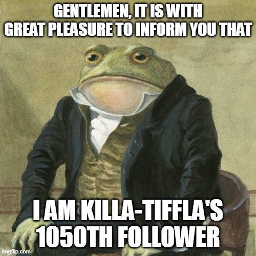 She basically top if you dont include inactive accs | Gentlemen, it is with great pleasure to inform you that; I am killa-tiffla's 1050th follower | image tagged in gentlemen it is with great pleasure to inform you that | made w/ Imgflip meme maker