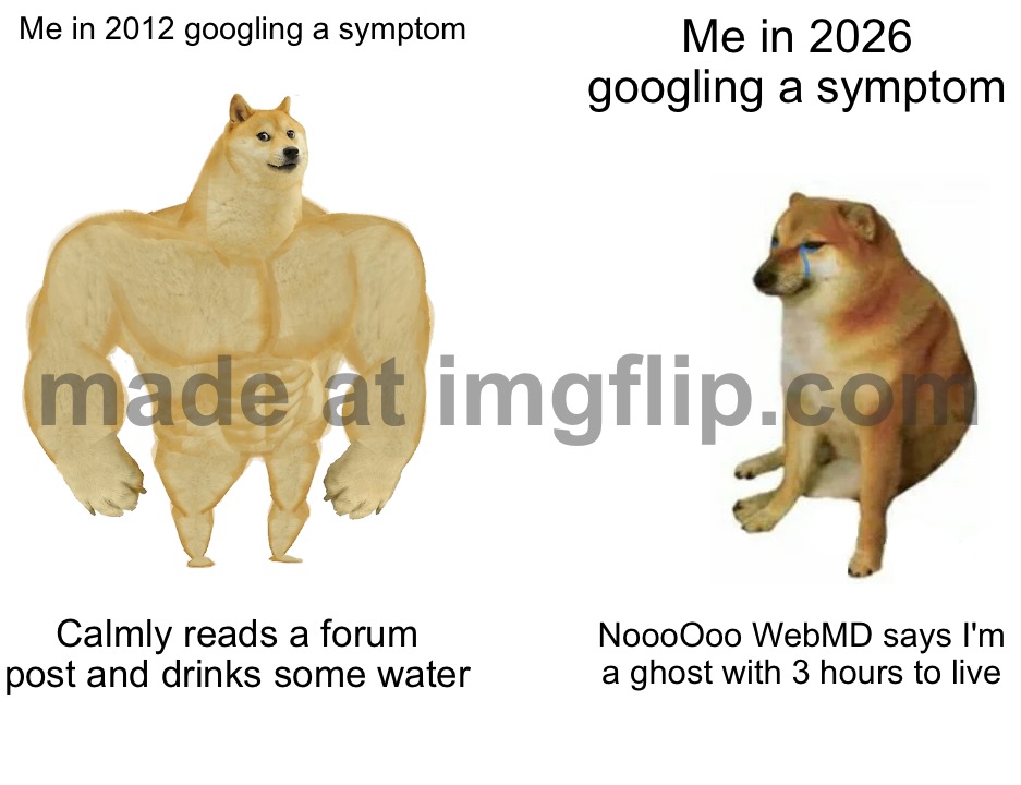 Me in 2026 googling a symptom | Me in 2012 googling a symptom; Me in 2026 googling a symptom; Calmly reads a forum post and drinks some water; NoooOoo WebMD says I'm a ghost with 3 hours to live | image tagged in memes,buff doge vs cheems,medical,google,forums,ghost | made w/ Imgflip meme maker