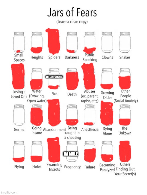 Jar of fears clear version | But I also love fire; Im male | image tagged in jar of fears clear version | made w/ Imgflip meme maker