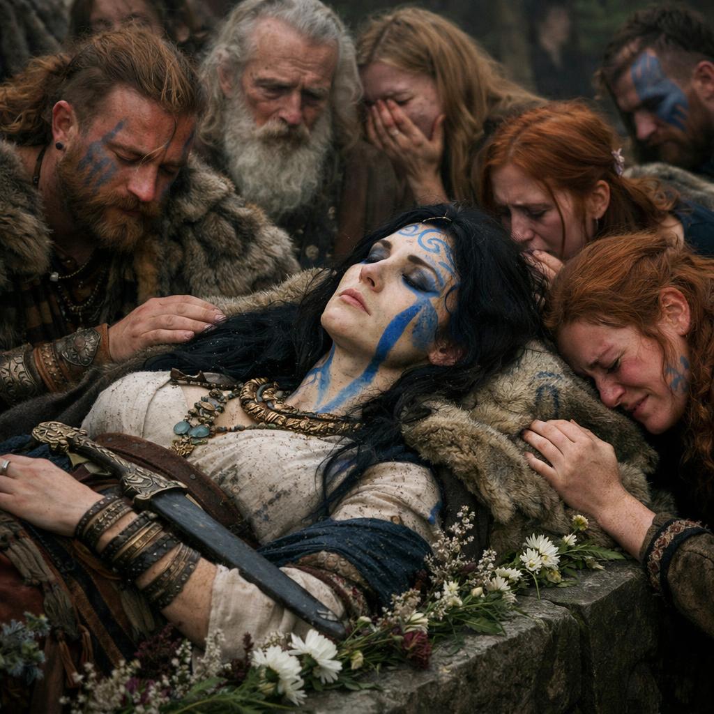 Dead celtic queen with dark hair and blue woad being mourned by Blank Meme Template