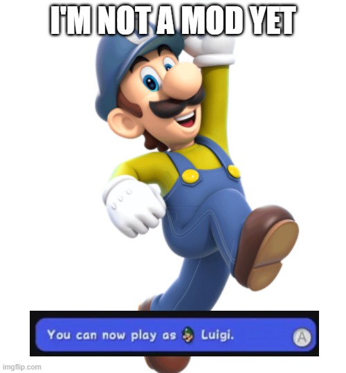 Luigi from Great Mission | i'm not a mod yet | image tagged in luigi from great mission | made w/ Imgflip meme maker