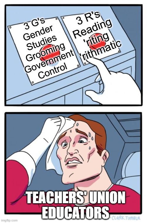 Two Buttons Meme | 3 R's
Reading
'riting
'rithmatic 3 G's
Gender Studies
Grooming
Government Control Teachers' Union
Educators | image tagged in memes,two buttons | made w/ Imgflip meme maker
