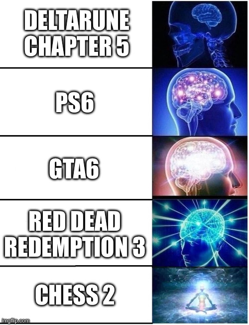 Expanding Brain 5 Panel | Deltarune chapter 5; Ps6; GTA6; Red dead redemption 3; Chess 2 | image tagged in expanding brain 5 panel | made w/ Imgflip meme maker