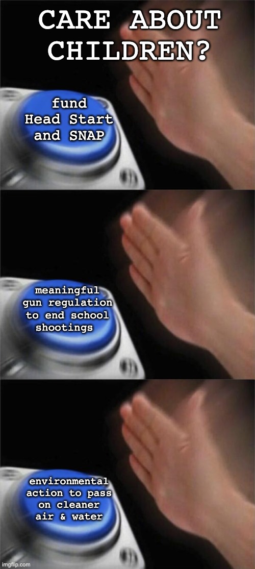 Caring about children doesn't stop with being anti-Epstein | CARE ABOUT CHILDREN? fund Head Start and SNAP; meaningful
gun regulation
to end school
shootings; environmental
action to pass
on cleaner
air & water | image tagged in children,health,safety,guns,hypocrisy | made w/ Imgflip meme maker