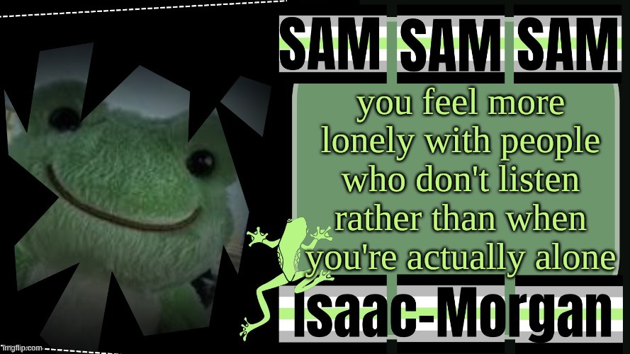 sam's fav frog temp | you feel more lonely with people who don't listen rather than when you're actually alone | image tagged in sam's fav frog temp | made w/ Imgflip meme maker