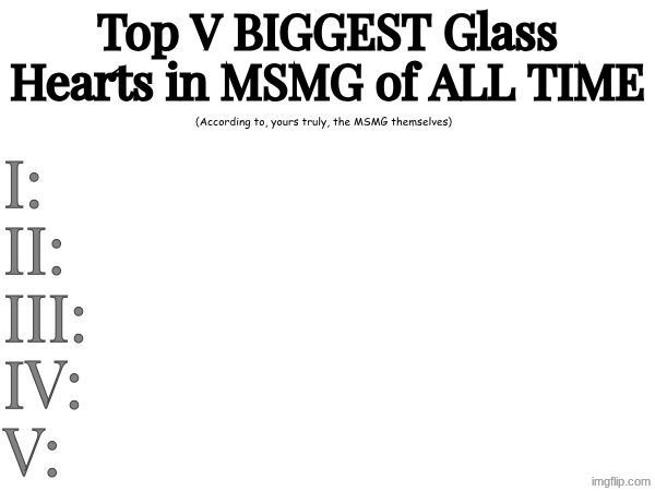 Vote for who should get number V | Top V BIGGEST Glass Hearts in MSMG of ALL TIME; (According to, yours truly, the MSMG themselves); I:
II:
III:
IV:
V: | made w/ Imgflip meme maker