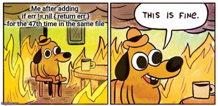 Every Go developer's daily workout ? | Me after adding 
if err != nil { return err }
for the 47th time in the same file | image tagged in memes,this is fine | made w/ Imgflip meme maker