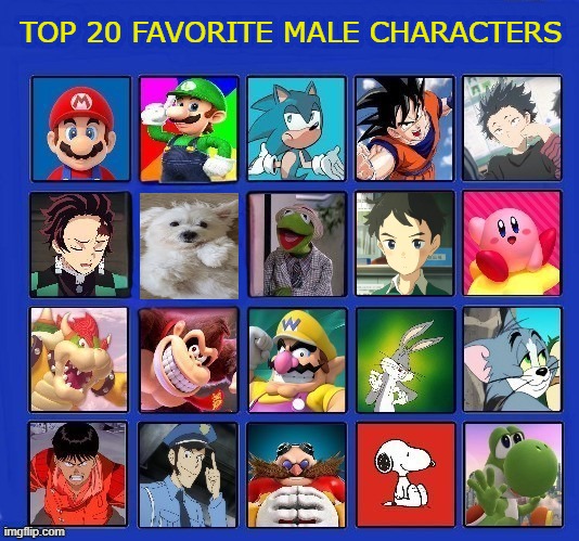 top 20 favorite male characters | top 20 favorite male characters | image tagged in 20 favorite males,top 20,favorites,video games,anime,movies | made w/ Imgflip meme maker