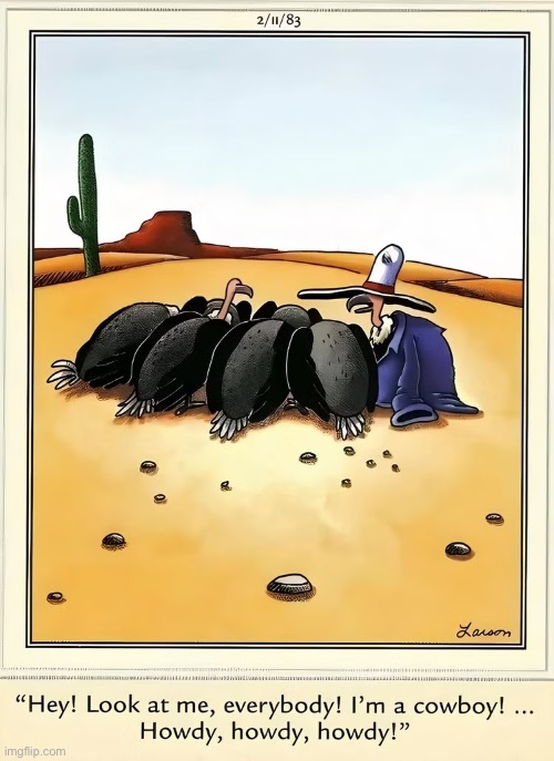 Shut up and just eat! | image tagged in the far side,comics,vultures,cowboy hat,desert,sarcasm | made w/ Imgflip meme maker