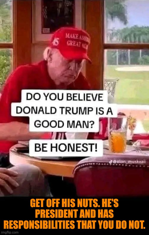 Funny | Get off his nuts. He's president and has responsibilities that you do not. | image tagged in funny,politics,us government,responsibilities,president trump,get off my lawn | made w/ Imgflip meme maker