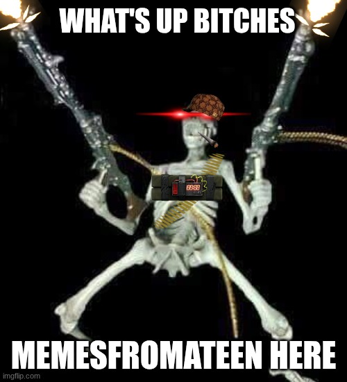 skeleton with guns meme | WHAT'S UP BITCHES; memesfromateen here | image tagged in skeleton with guns meme,remix | made w/ Imgflip meme maker