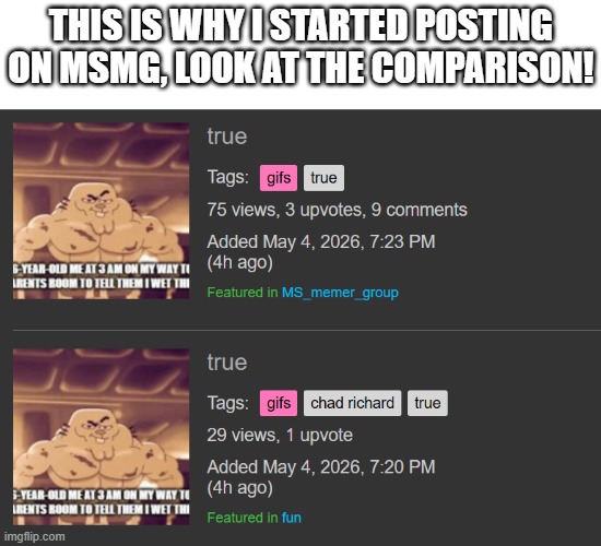 Image title | this is why i started posting on msmg, look at the comparison! | image tagged in image tags | made w/ Imgflip meme maker