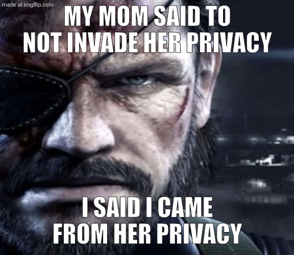 Solid Snake Staring | My mom said to not invade her privacy; I said i came from her privacy | image tagged in solid snake staring | made w/ Imgflip meme maker