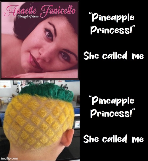 I don't think it was 'cause she admired you, Buddy. | image tagged in vince vance,pineapple,princess,weird,haircuts,annette funicello | made w/ Imgflip meme maker