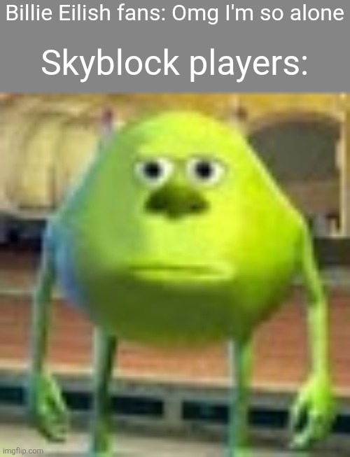 Sully Wazowski | Billie Eilish fans: Omg I'm so alone; Skyblock players: | image tagged in sully wazowski,minecraft,minecraft memes | made w/ Imgflip meme maker