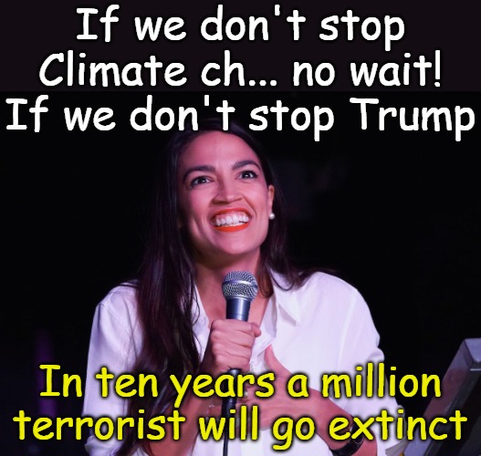 I got elected saying that about species, any day now species will be dropping like bombs in Iran! | If we don't stop Climate ch... no wait! If we don't stop Trump; In ten years a million terrorist will go extinct | image tagged in aoc crazy | made w/ Imgflip meme maker