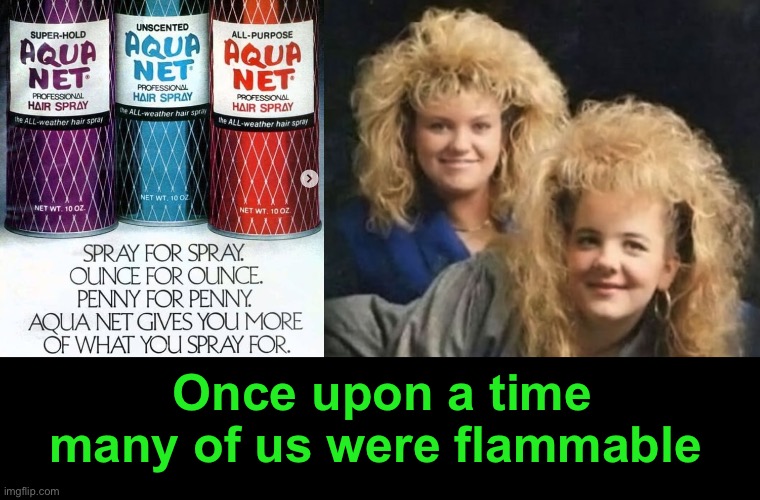 There was a foggy mist in the school bathrooms that made it dangerous to light a cigarette. | Once upon a time many of us were flammable | image tagged in funny memes,gen x,80s hair | made w/ Imgflip meme maker