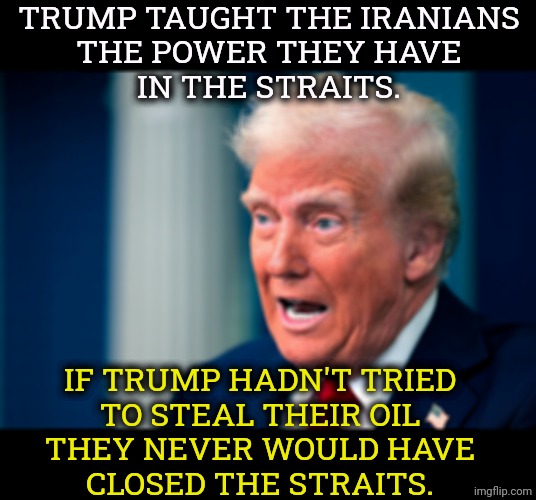 Trump crazy madness dementia insanity senile | Trump taught the Iranians
 the power they have 
in the Straits. If Trump hadn't tried
to steal their oil
they never would have
closed the Straits. | image tagged in trump crazy madness dementia insanity senile,trump,incompetence,iran,war,oil | made w/ Imgflip meme maker