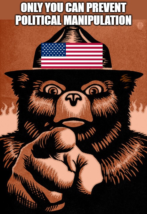 Keep up Your End of the Battle of Ideas, Our Freedom Depends on You! | Only you can prevent political manipulation | image tagged in smoky the bear | made w/ Imgflip meme maker