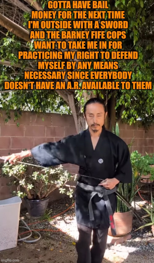 Funny | Gotta have bail money for the next time I'm outside with a sword and the Barney Fife cops want to take me in for practicing my right to defend myself by any means necessary since everybody doesn't have an a.r. available to them | image tagged in funny,politics,government,gun laws,weapon,sword | made w/ Imgflip meme maker