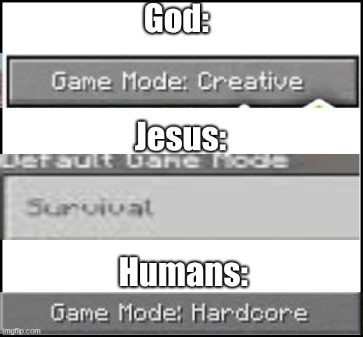 God is the immortal creator, Jesus died for us and came back to life, but us humans only get one life before we live with God | God:; Jesus:; Humans: | image tagged in jesus christ,god,minecraft | made w/ Imgflip meme maker