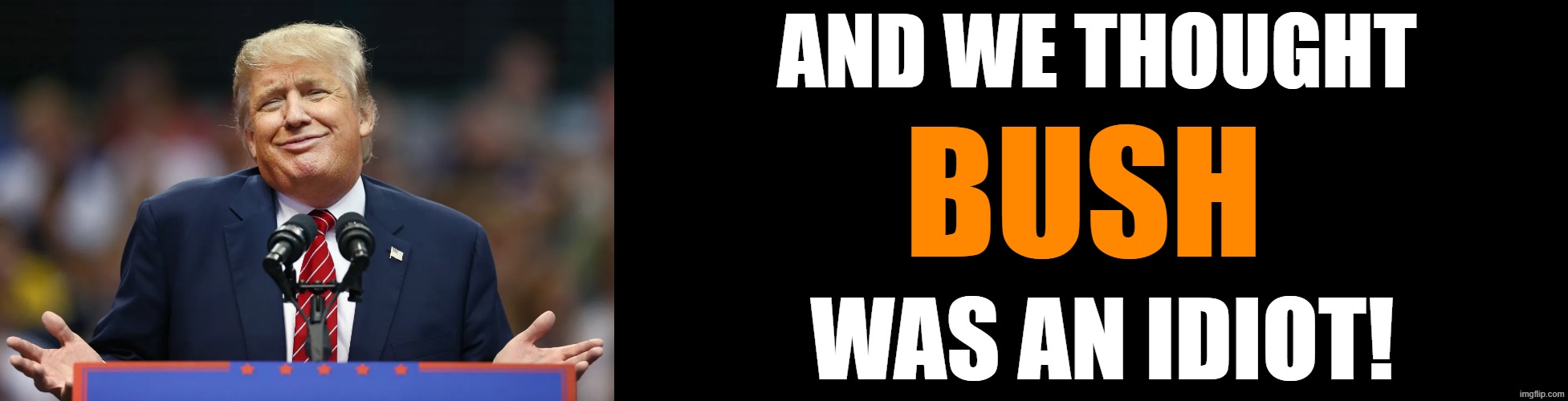 AND WE THOUGHT | AND WE THOUGHT; BUSH; WAS AN IDIOT! | image tagged in trump,george bush,idiot,republican,worthless,memes | made w/ Imgflip meme maker