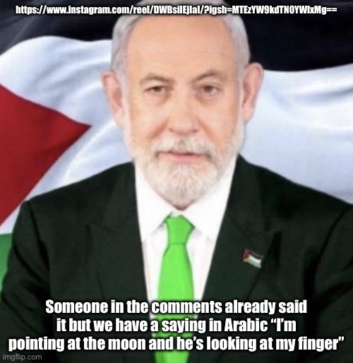 Palestinian yahu | https://www.instagram.com/reel/DWBsilEjlaI/?igsh=MTEzYW9kdTN0YWIxMg==; Someone in the comments already said it but we have a saying in Arabic “I’m pointing at the moon and he’s looking at my finger” | image tagged in palestinian yahu | made w/ Imgflip meme maker